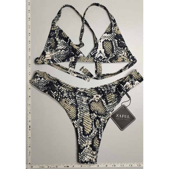 NWT ZAFUL Medium Triangle non-padded High Cut Orange Gold Snake print bikini set - Picture 1 of 6